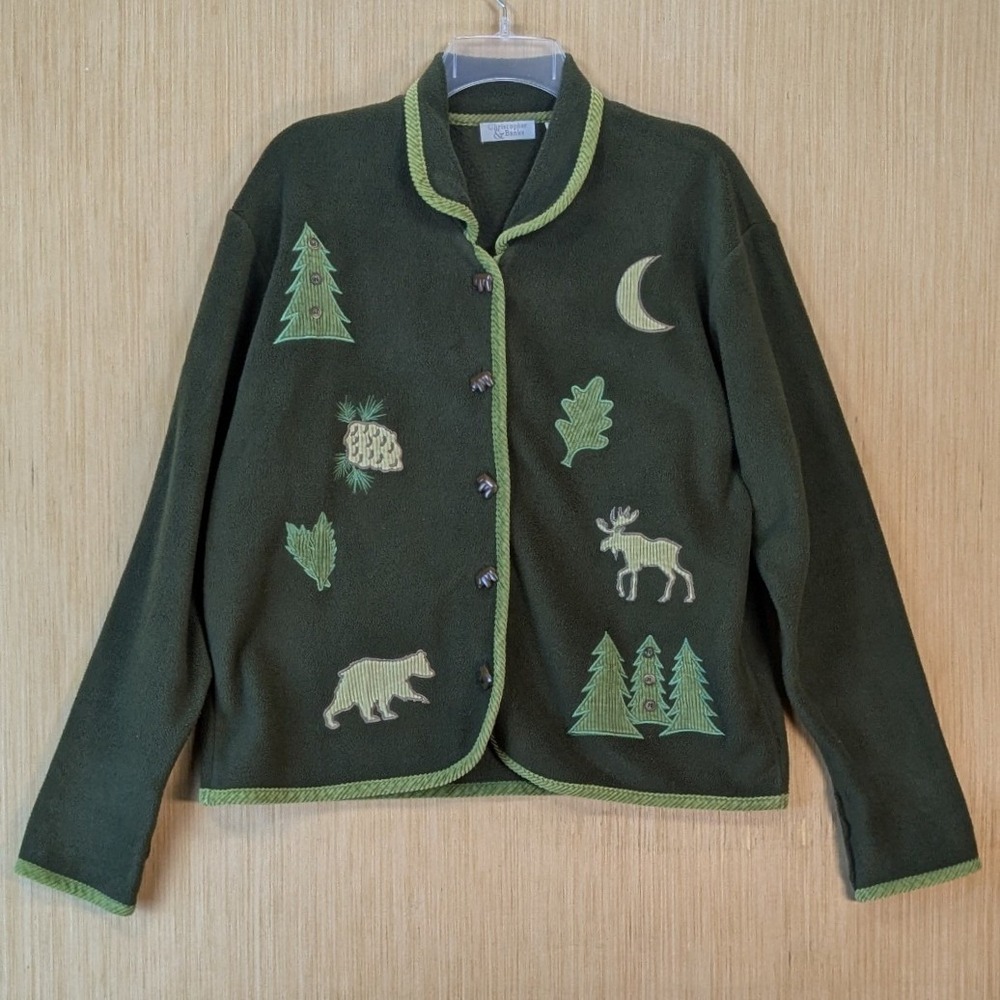 Christopher & Banks Forest Green Fleece Cardigan Animal Cabin Embroidered Medium